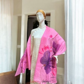 Lotus pink ramie scarf hand-painted with lotus 70*190cm